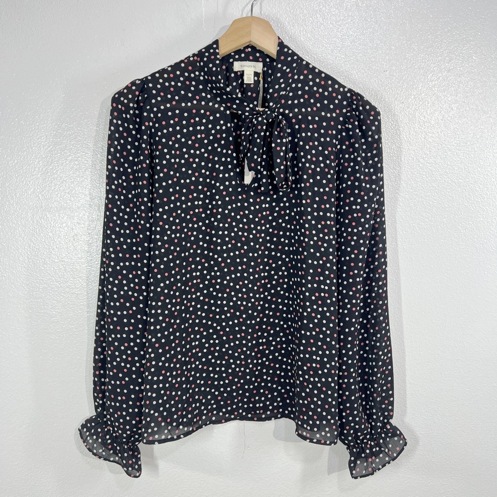 Tamara H Polka Dot Blouse M Women Black Pink Tie Neck Long Sleeve Top Office
